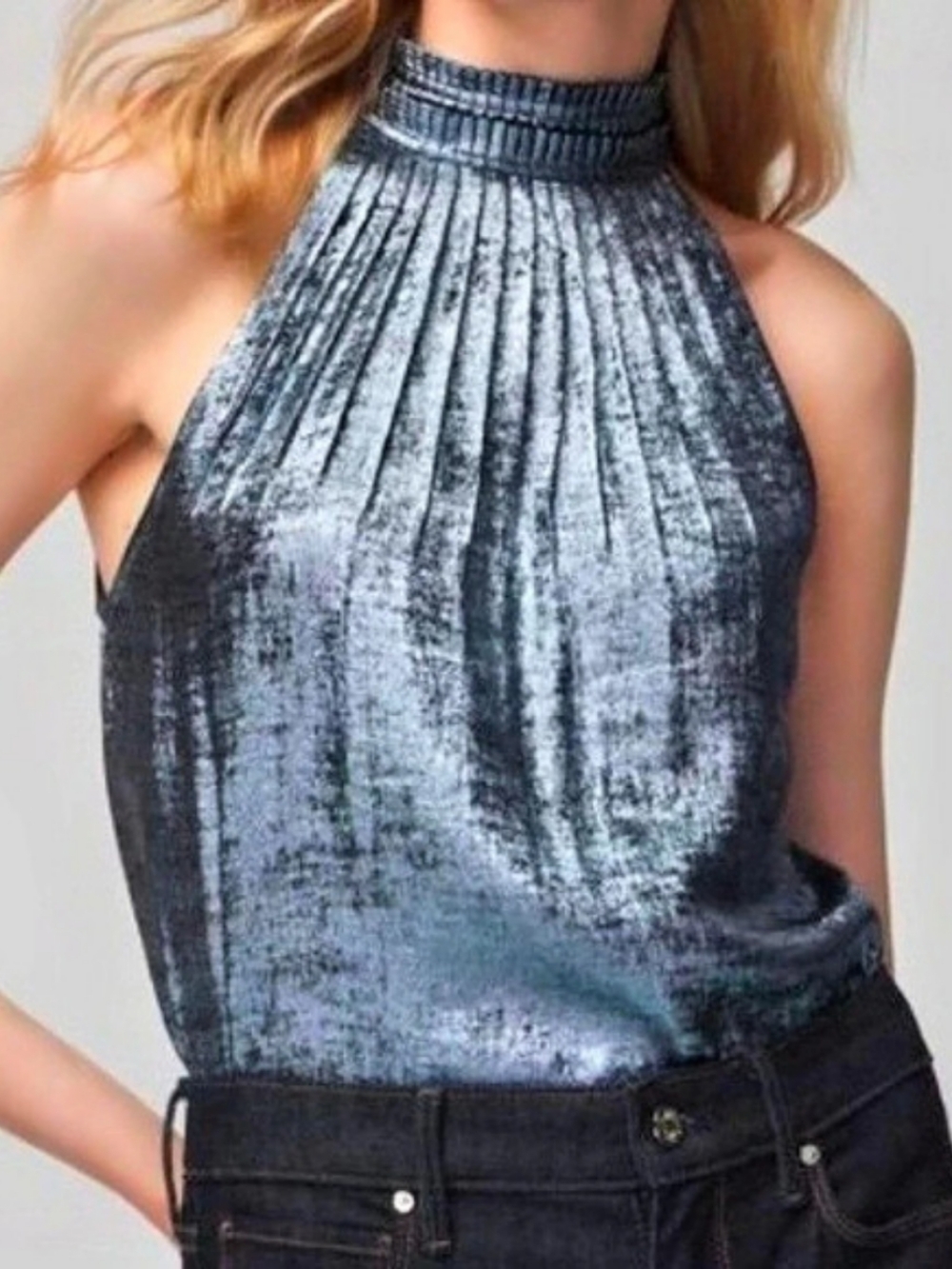 White House Black Market Silver-Blue Metallic Crushed Velvet Pleated Halter Top